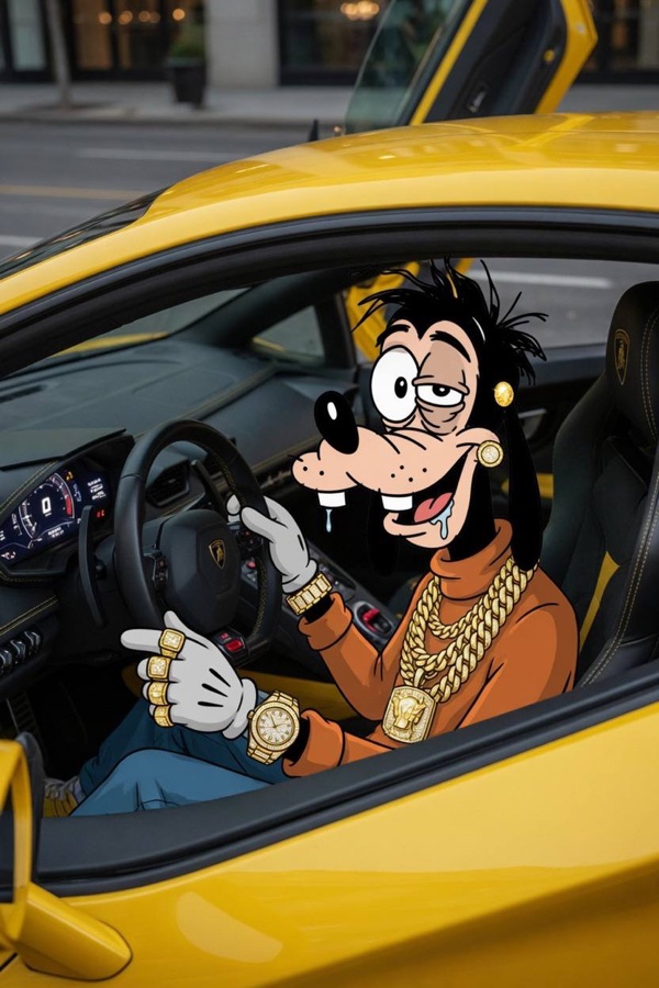 Goofy wearing jewelry while sitting in a yellow sports car.