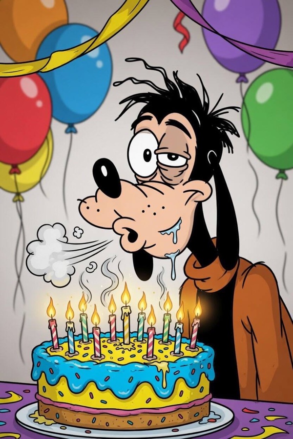 Goofy blowing at birthday candles with balloons around him.